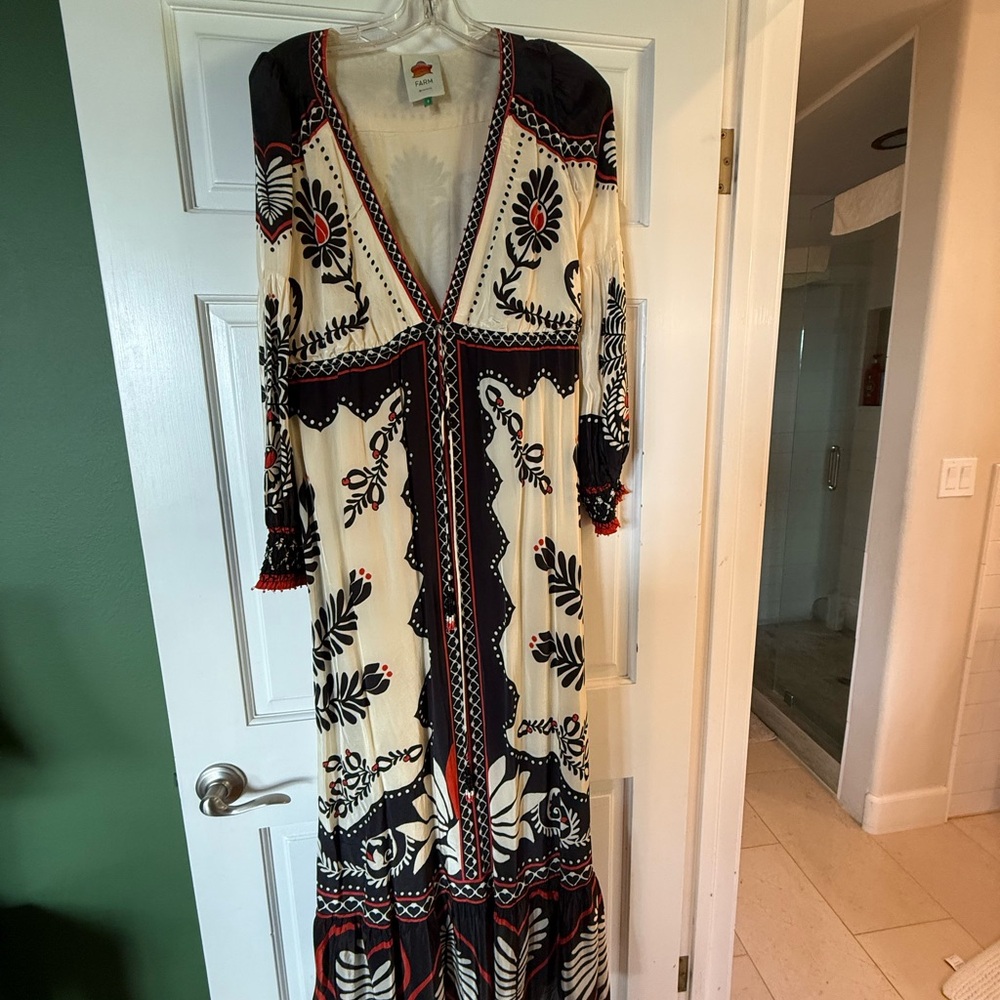 FARM Rio Black and Cream Resort Sundress with Bishop Sleeves